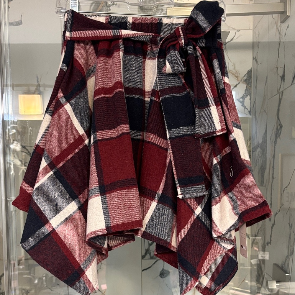 Asymmetrical Plaid Skirt in Burgandy, Navy and tan